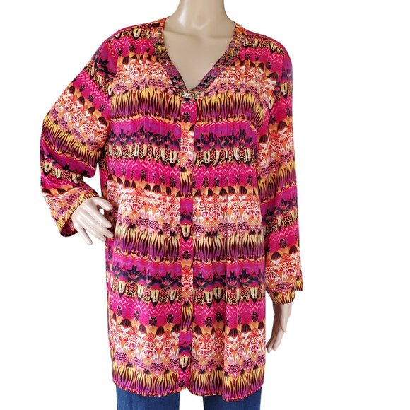 NOTATIONS Tunic Top Women's XL Pullover V Neck Snap Tab Sleeves Aztec Floral - Picture 2 of 12